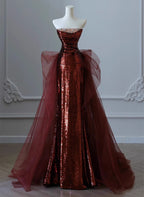 Wine Red Sequins And Tulle Long Party Dress, Wine Red Evening Dress Prom Dress