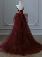 Wine Red Sequins And Tulle Long Party Dress, Wine Red Evening Dress Prom Dress