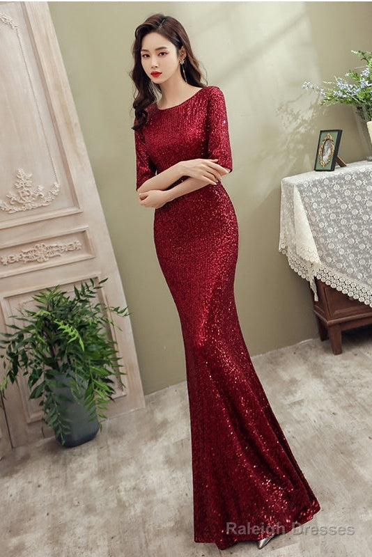Wine Red Sequins Mermaid Long Prom Dresseses Dark Red Sequins Bridesmaid Dresses