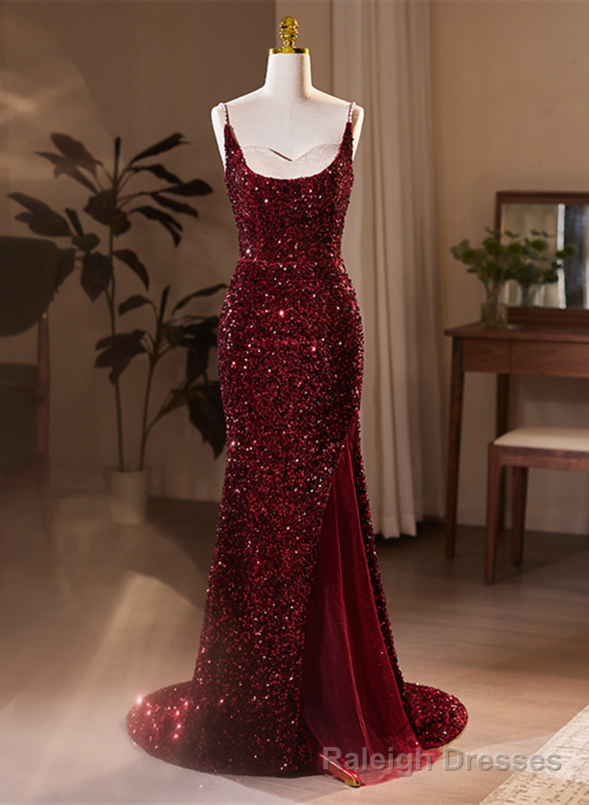 Wine Red Sequins Mermaid Long Formal Dress, Wine Red Prom Dress Secondary image