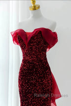 Wine Red Sequins Mermaid Long Party Dress, Off Shoulder Sweetheart Prom Dress