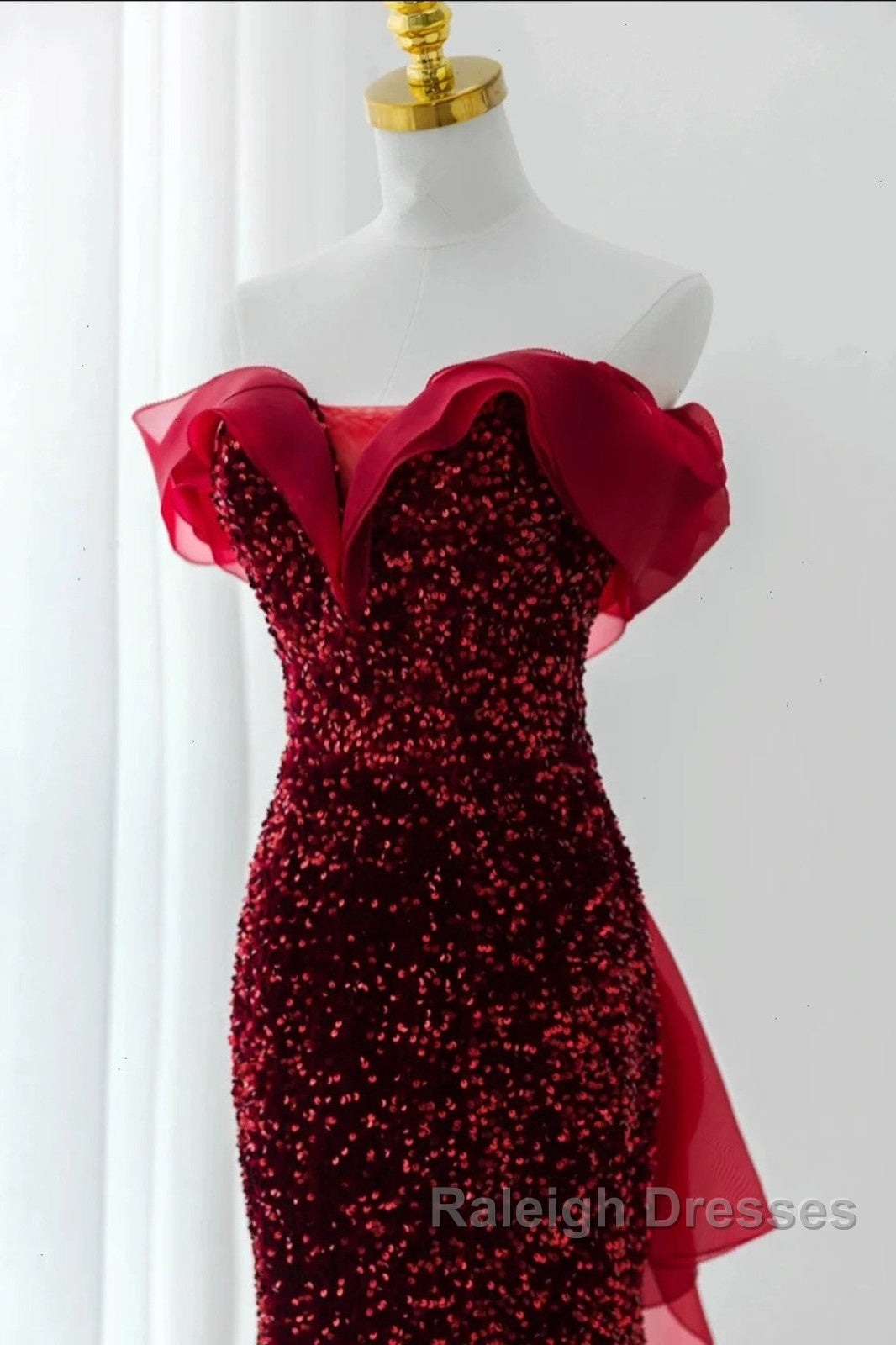 Wine Red Sequins Mermaid Long Party Dress, Off Shoulder Sweetheart Prom Dress