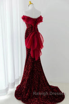 Wine Red Sequins Mermaid Long Prom Dresses Off Shoulder Sweetheart Prom Dresses
