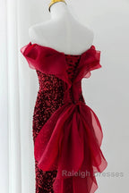 Wine Red Sequins Mermaid Long Party Dress, Off Shoulder Sweetheart Prom Dress