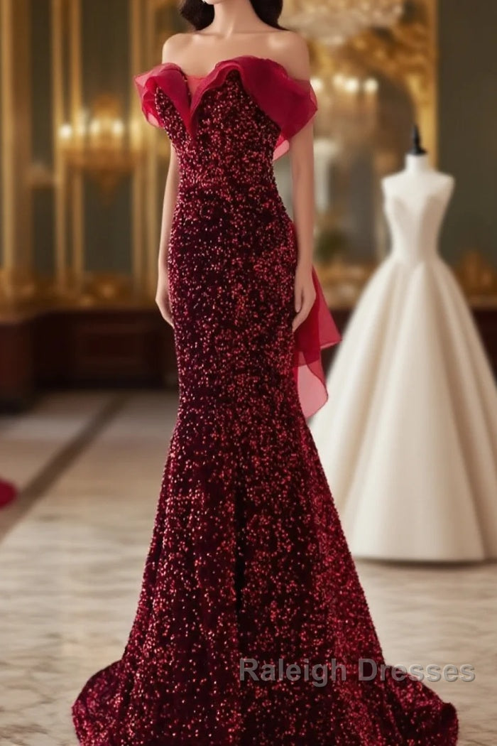 Wine Red Sequins Mermaid Long Prom Dresses Off Shoulder Sweetheart Prom Dresses Main image