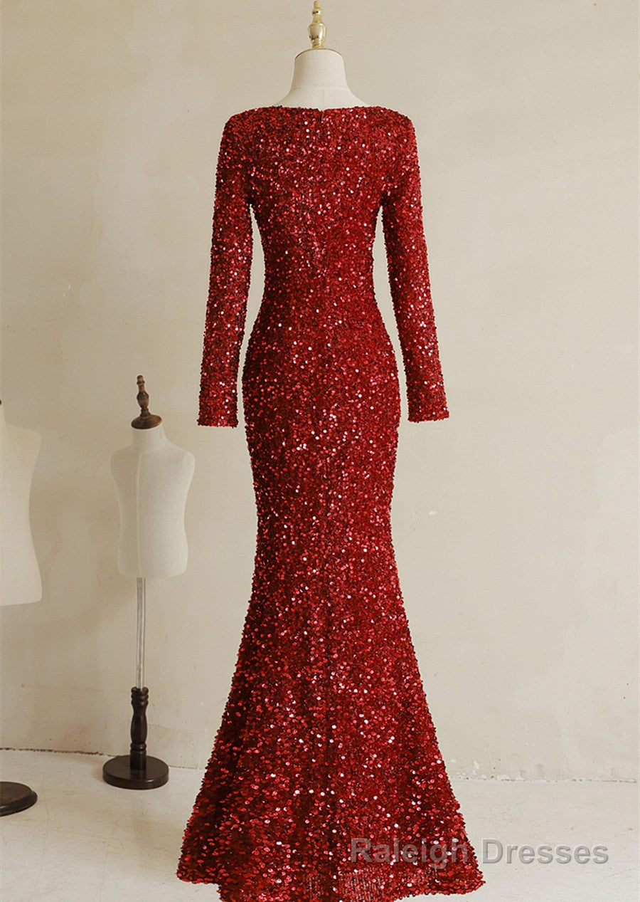 Wine Red Sequins Mermaid Long Sleeves Prom Dress, Wine Red Long Wedding Prom Dress Secondary image