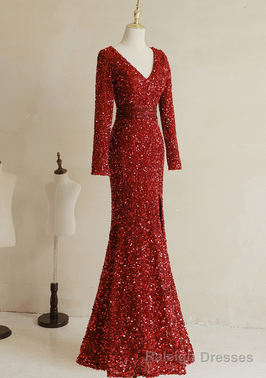Wine Red Sequins Mermaid Long Sleeves Prom Dress, Wine Red Long Wedding Prom Dress Main image
