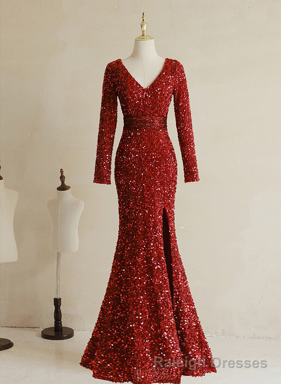Wine Red Sequins Mermaid Long Sleeves Party Dress, Wine Red Long Wedding Party Dress