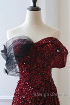 Wine Red Sequins Off Shoulder Long Party Dress, A-Line Sequins Prom Dress