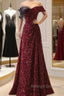 Wine Red Sequins Off Shoulder Long Party Dress, A-Line Sequins Prom Dress