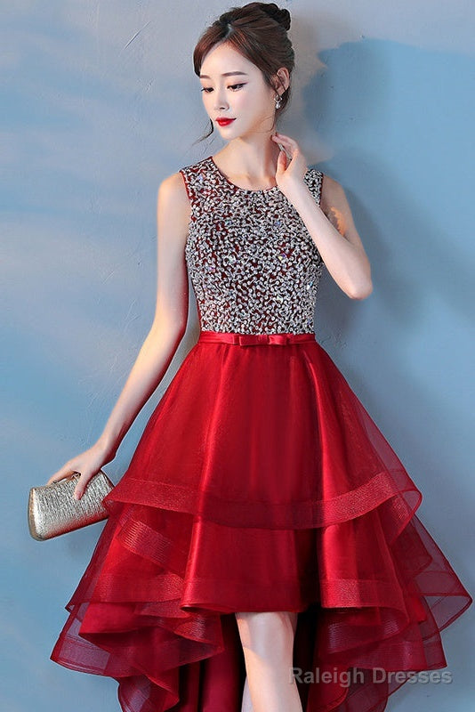 Wine Red Sequins Tulle High Low Round Neckline Party Dresses, Dark Red Homecoming Dresses Secondary image