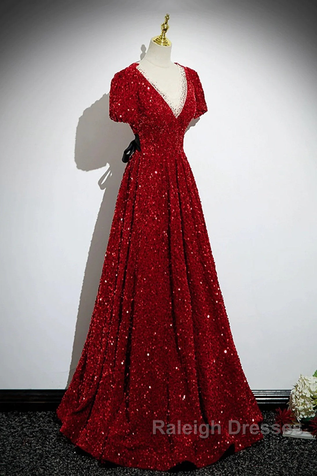 Wine Red Sequins V-Neckline Short Sleeves Party Dress, Wine Red Evening Dress Secondary image