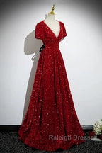 Wine Red Sequins V-Neckline Short Sleeves Party Dress, Wine Red Evening Dress