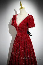 Wine Red Sequins V-Neckline Short Sleeves Party Dress, Wine Red Evening Dress