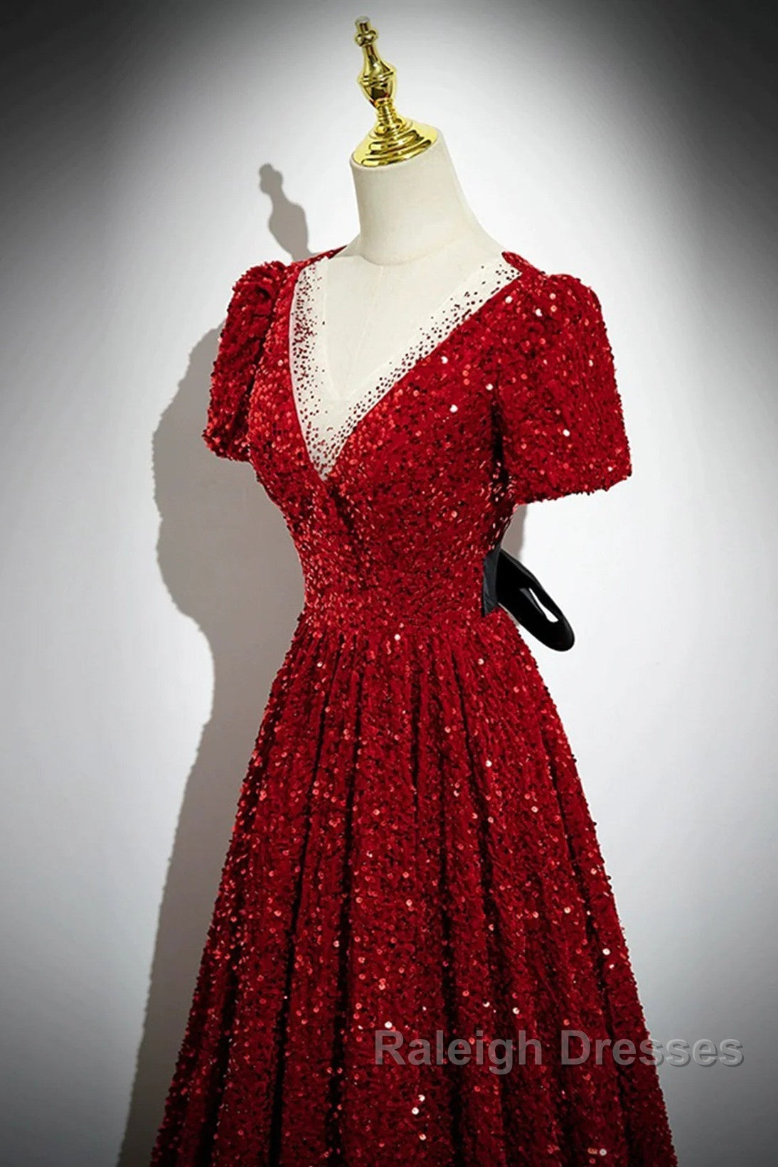 Wine Red Sequins V Neckline Short Sleeves Prom Dresses Wine Red Prom Dresses