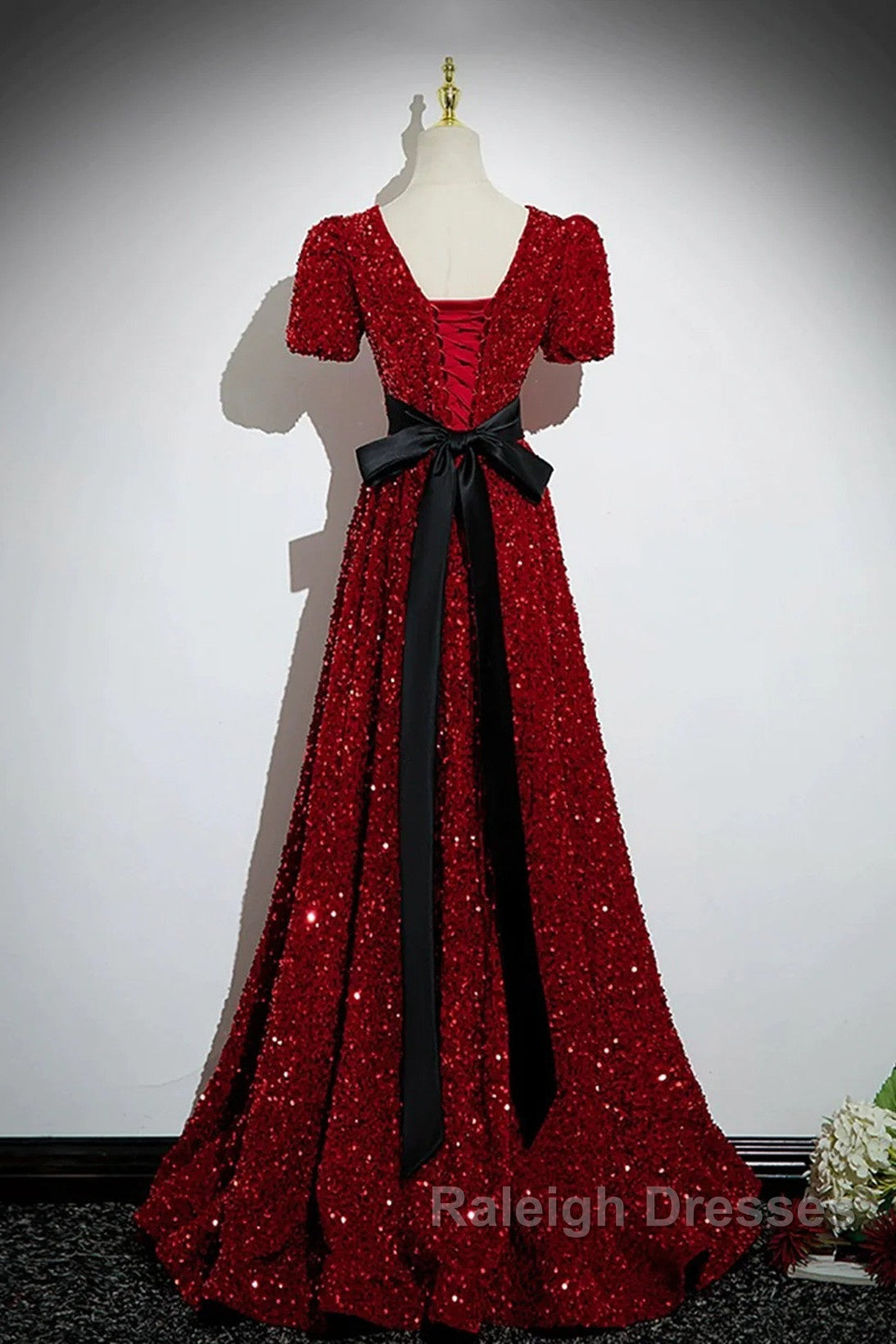 Wine Red Sequins V-Neckline Short Sleeves Party Dress, Wine Red Evening Dress