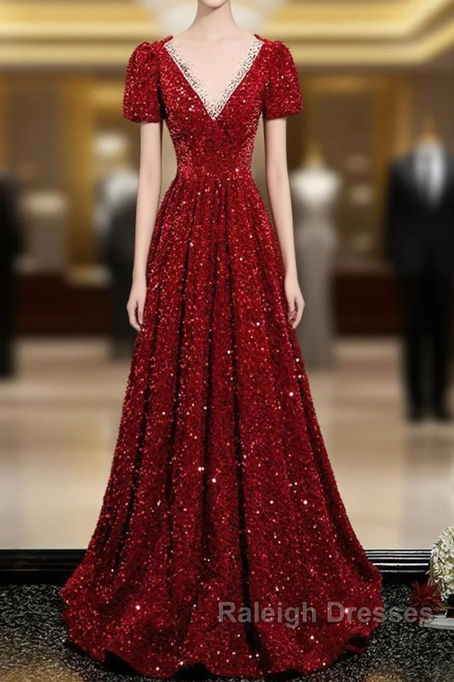 Wine Red Sequins V Neckline Short Sleeves Prom Dresses Wine Red Prom Dresses