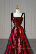 Wine Red Sequins With Black Tulle Straps Long Party Dress, Wine Red Sequins Prom Dress