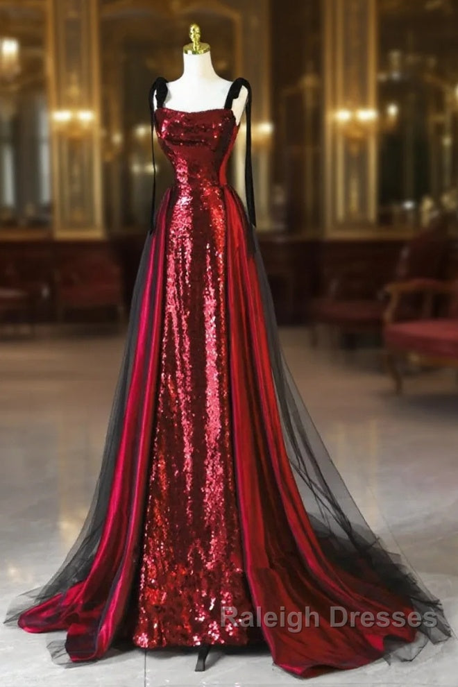 Wine Red Sequins With Black Tulle Straps Long Party Dress, Wine Red Sequins Prom Dress Main image