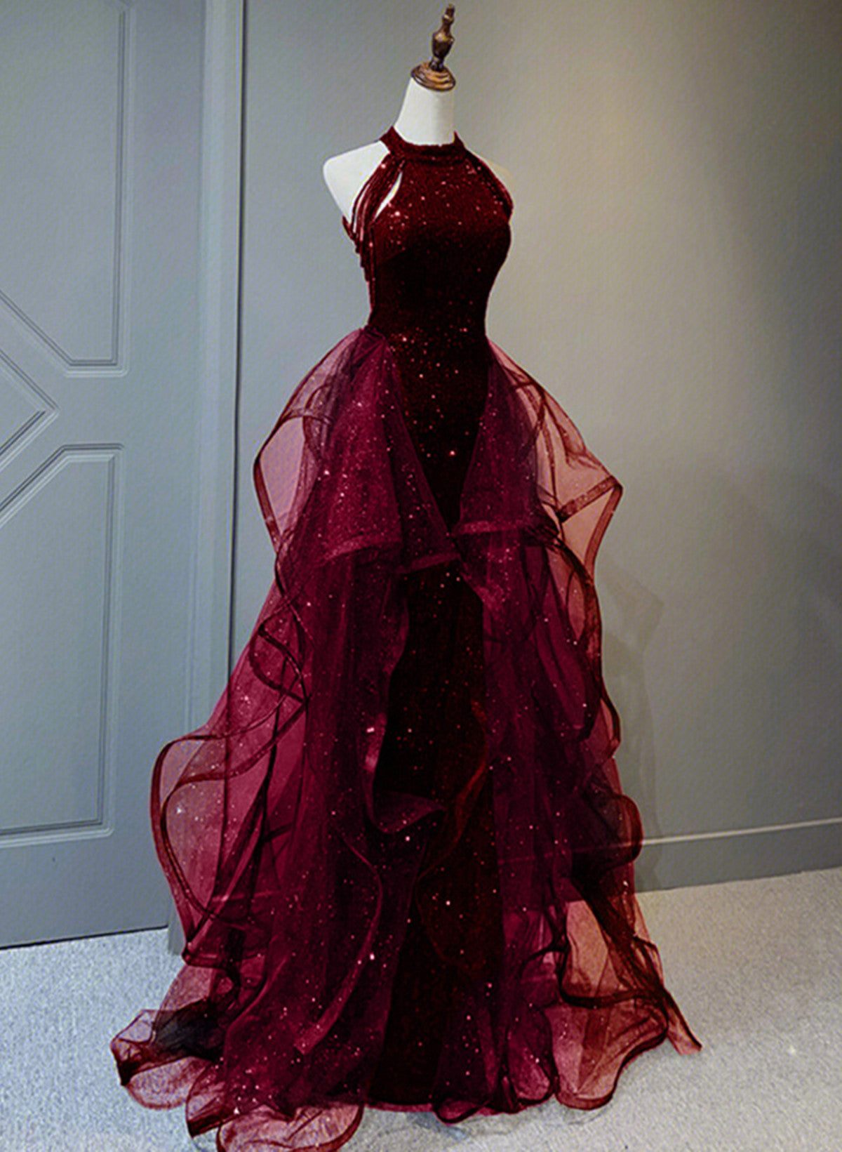 Wine Red Sequins With Tulle Long Party Dress, Wine Red Halter Evening Dress