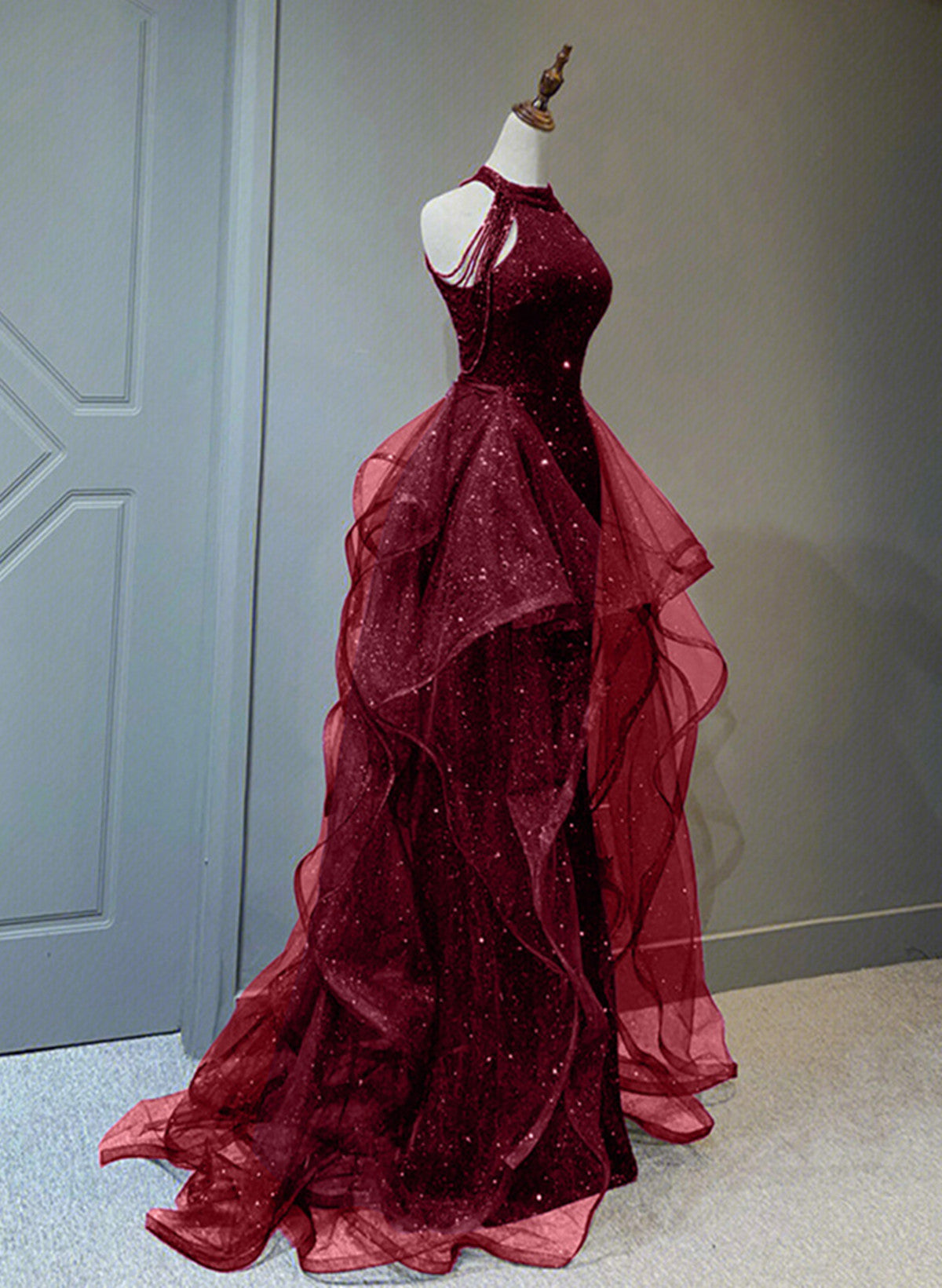 Wine Red Sequins With Tulle Long Party Dress, Wine Red Halter Evening Dress Secondary image