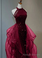 Wine Red Sequins with Tulle Long Party Dress, Wine Red Halter Evening Dress