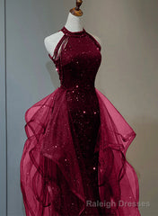 Wine Red Sequins with Tulle Long Party Dress, Wine Red Halter Evening Dress