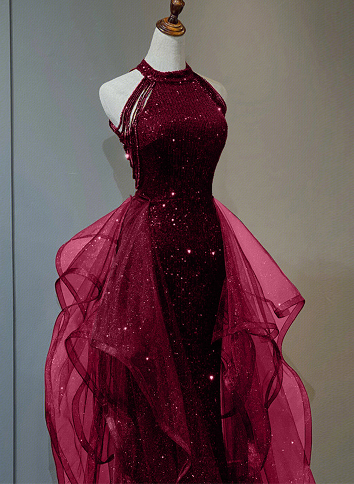 Wine Red Sequins With Tulle Long Party Dress, Wine Red Halter Evening Dress