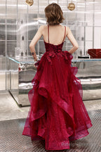 Wine Red Shiny Tulle Layers Straps Prom Dresses With Lace V-Neckline Prom Dresses