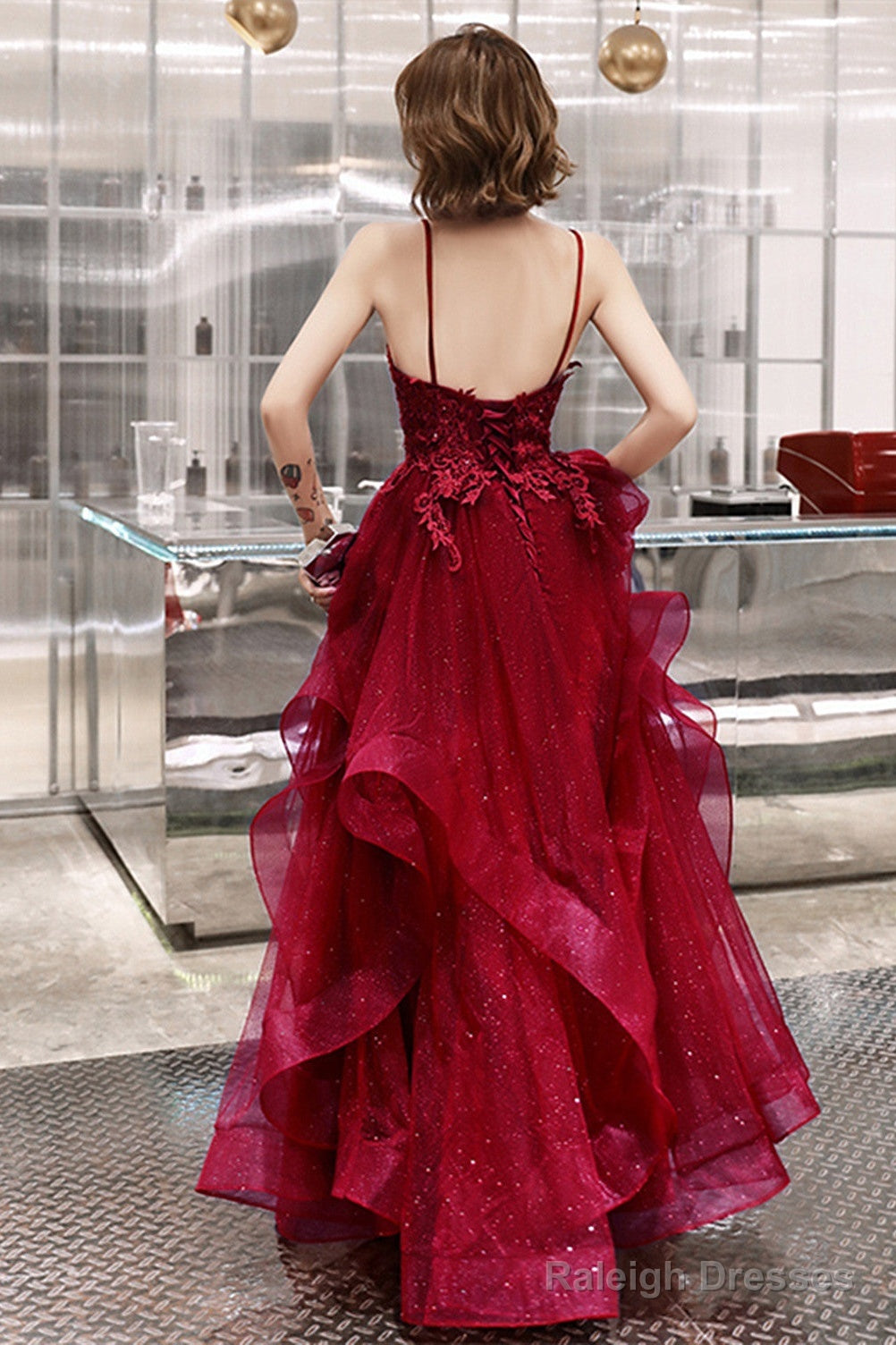 Wine Red Shiny Tulle Layers Straps Prom Dresses With Lace V-Neckline Prom Dresses