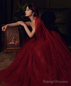 Wine Red Shiny Tulle Straps Long Evening Dress, A-Line Tulle Junior Prom Dress