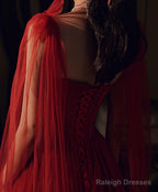 Wine Red Shiny Tulle Straps Long Evening Dress, A-Line Tulle Junior Prom Dress