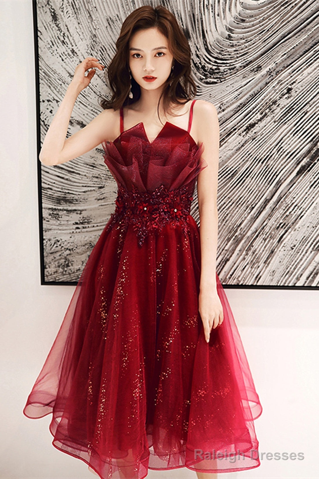 Wine Red Shiny Tulle Straps Short Homecoming Dresses Wine Red Tulle Short Prom Dresses