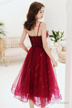 Wine Red Shiny Tulle Straps Short Homecoming Dresses Wine Red Tulle Short Prom Dresses