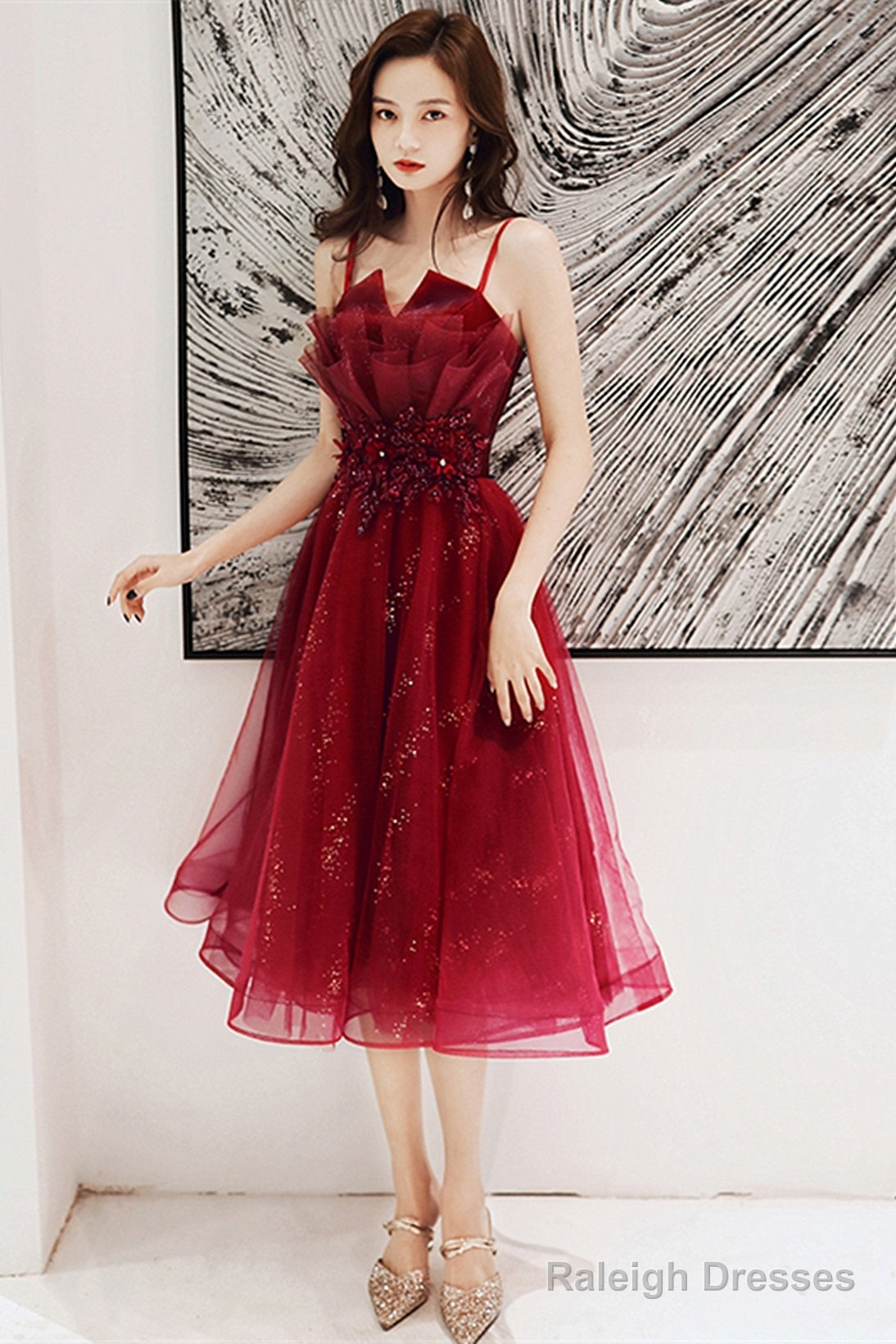 Wine Red Shiny Tulle Straps Short Homecoming Dress, Wine Red Tulle Short Prom Dress Main image