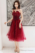 Wine Red Shiny Tulle Straps Short Homecoming Dress, Wine Red Tulle Short Prom Dress