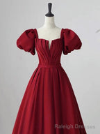 Wine Red Short Sleeves A-line Floor Length Party Dress, Long Prom Dress