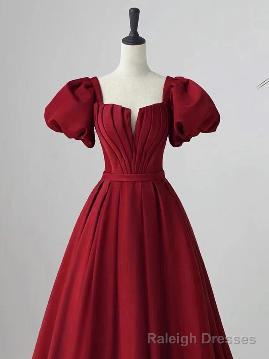 Wine Red Short Sleeves A-line Floor Length Party Dress, Long Prom Dress