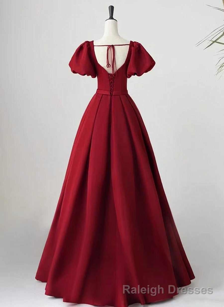 Wine Red Short Sleeves A-line Floor Length Party Dress, Long Prom Dress Secondary image