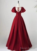 Wine Red Short Sleeves A-line Floor Length Party Dress, Long Prom Dress
