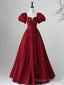 Wine Red Short Sleeves A-line Floor Length Party Dress, Long Prom Dress