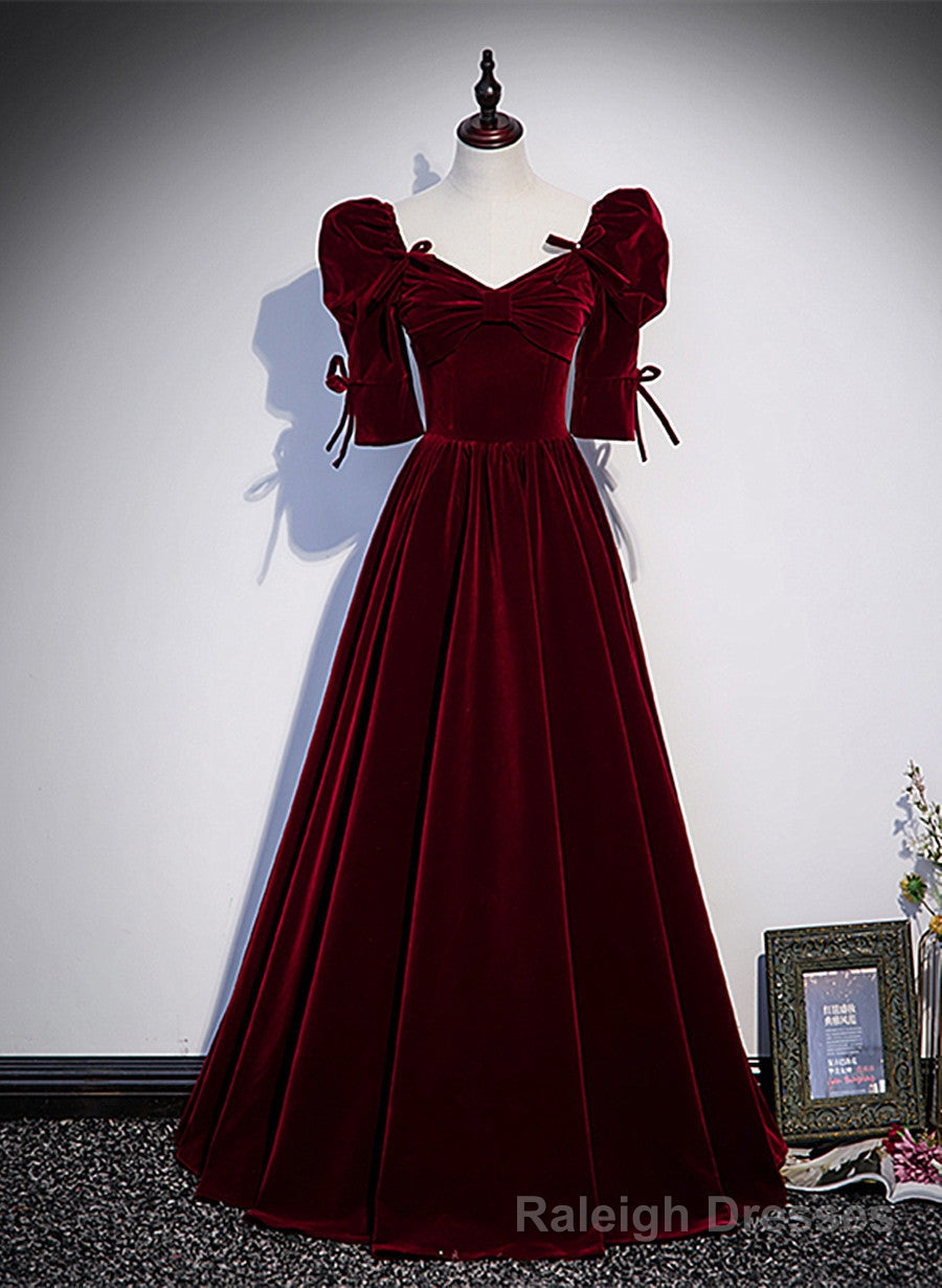 Wine Red Short Sleeves A-line Long Party Dress, Wine Red Bridesmaid Dress Secondary image
