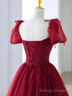 Wine Red Short Sleeves Beaded Long Prom Dress, Wine Red Sweetheart Prom Dress