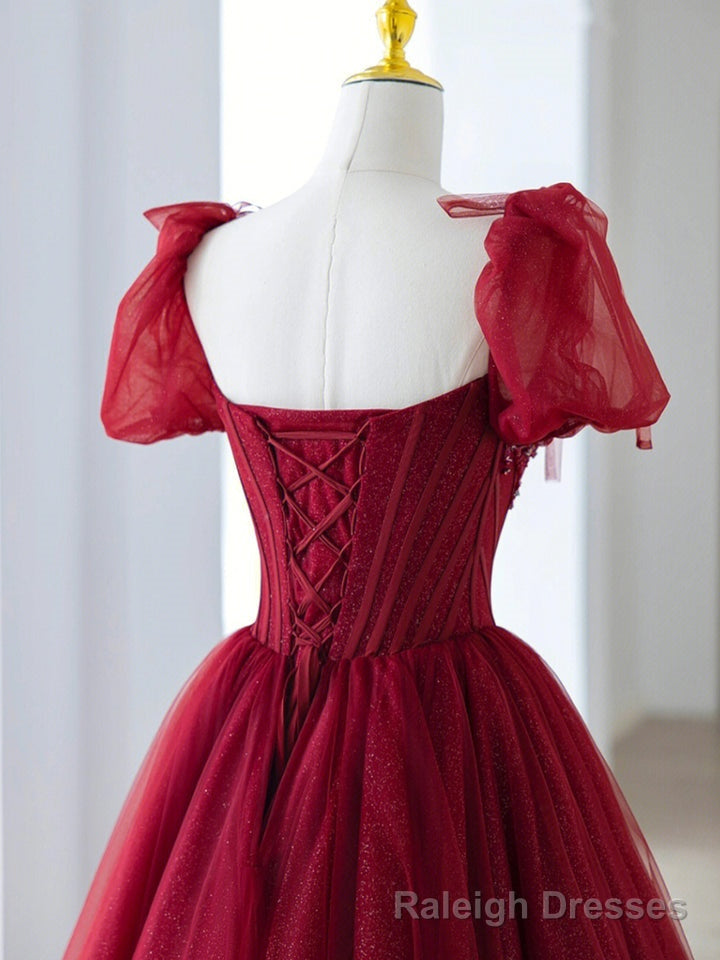 Wine Red Short Sleeves Beaded Long Prom Dress, Wine Red Sweetheart Prom Dress