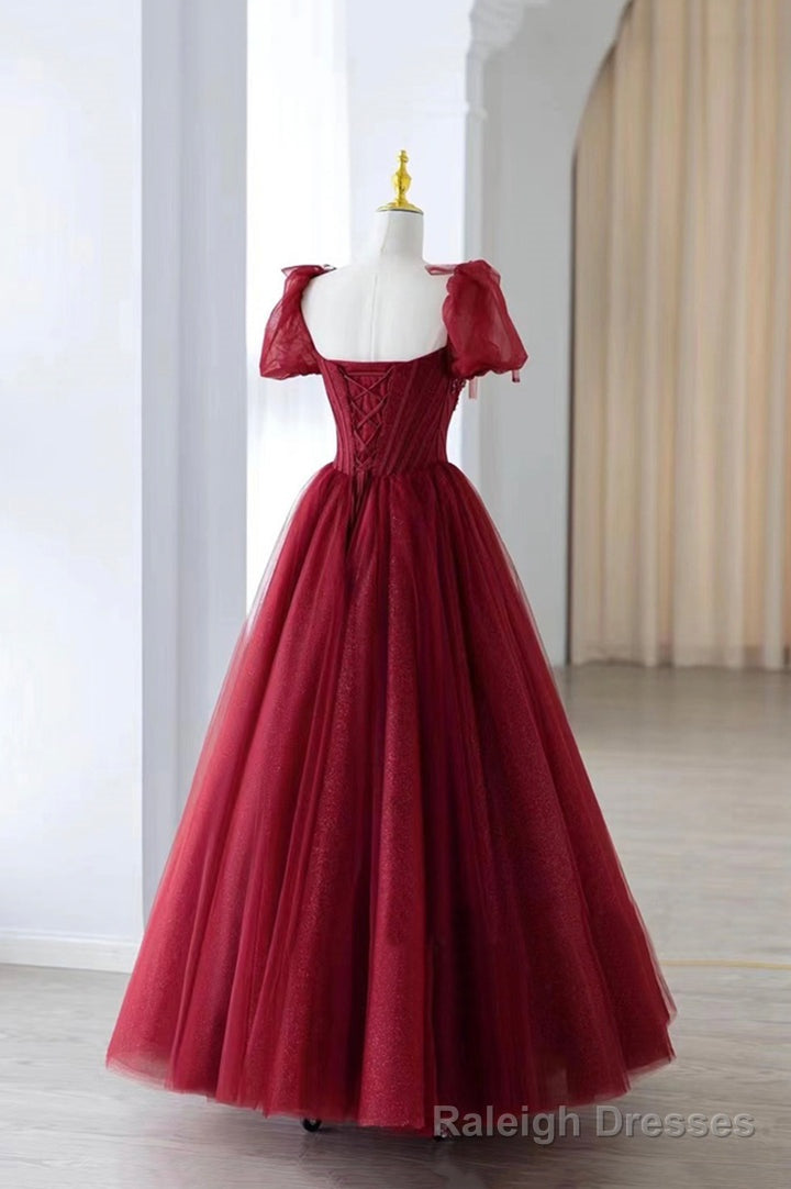 Wine Red Short Sleeves Beaded Long Prom Dress, Wine Red Sweetheart Party Dress Secondary image