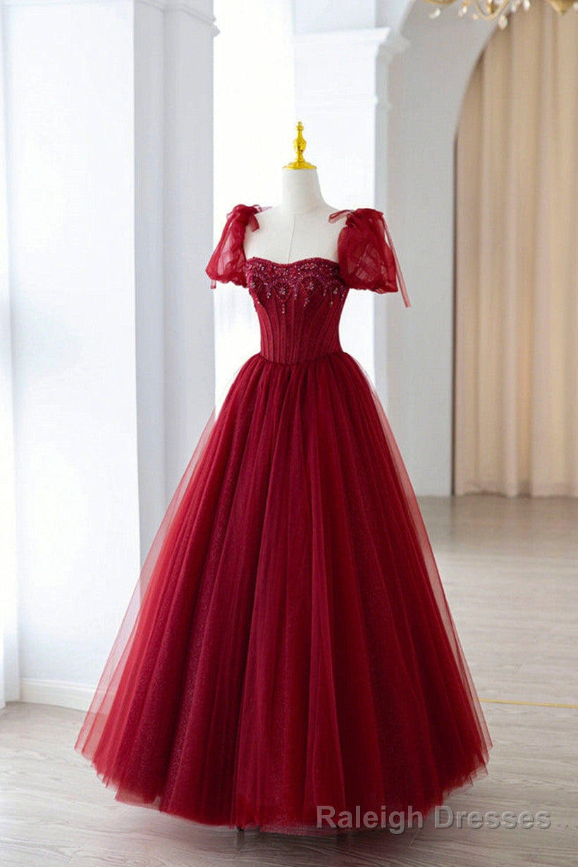 Wine Red Short Sleeves Beaded Long Prom Dress, Wine Red Sweetheart Prom Dress Main image
