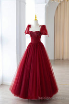 Wine Red Short Sleeves Beaded Long Prom Dress, Wine Red Sweetheart Prom Dress