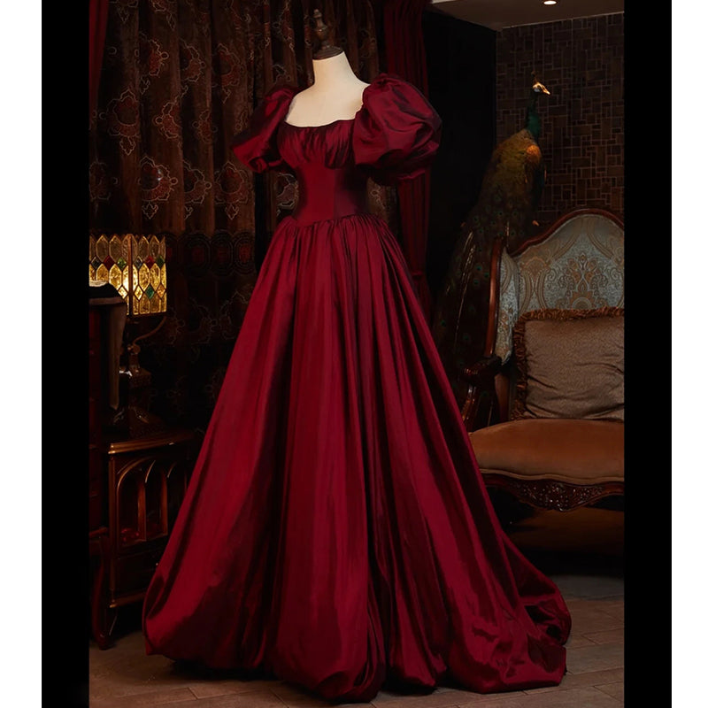 Wine Red Short Sleeves Floor Length Long Evening Dresses, Ball Gown Formal Dresses Secondary image