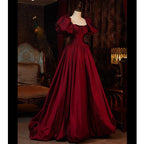Wine Red Short Sleeves Floor Length Long Evening Dresses, Ball Gown Formal Dresses