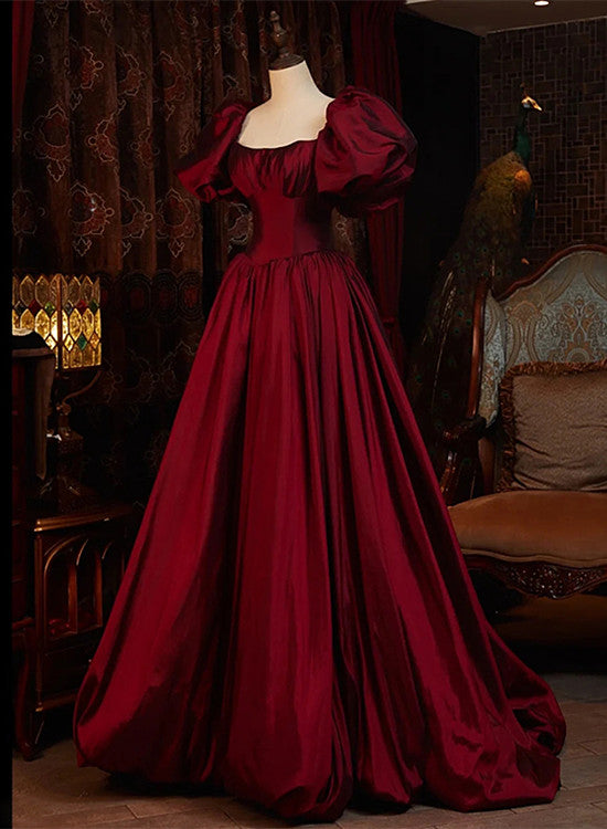 Wine Red Short Sleeves Floor Length Long Evening Dresses, Ball Gown Formal Dresses Main image